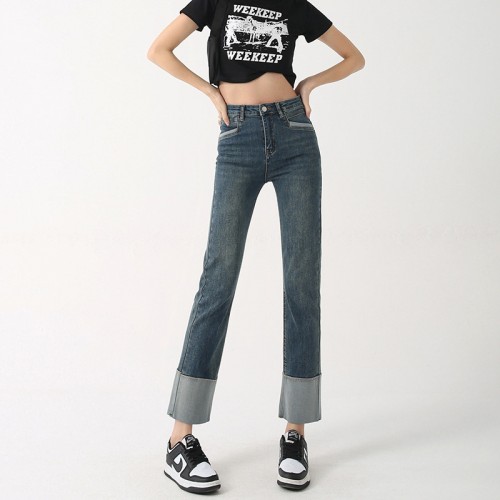 Straight Leg Roll Up High Waist Jeans